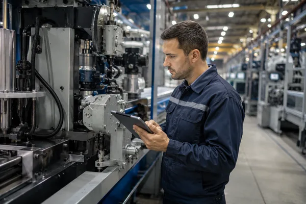 Endüstriyel bakım onarım eğitimi fabrika uygulaması Fabrika sahasında bakım teknisyeni büyük bir üretim makinesini tablet ile kontrol ediyor