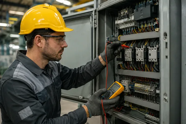 Endüstriyel elektrik bakım eğitimi pano arıza ölçümü Elektrik teknisyeni açık kumanda panosunda multimetre ile gerilim ölçümü yapıyor