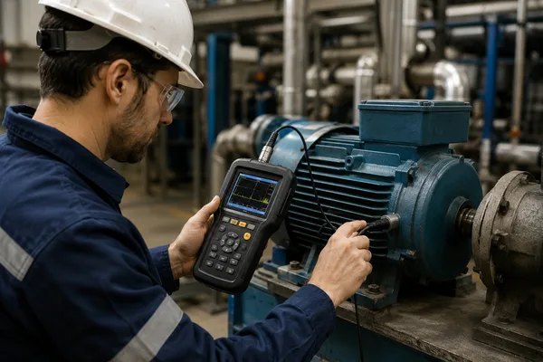 Kestirimci bakım eğitimi titreşim ölçümü uygulaması Bakım mühendisi çalışan elektrik motorunda el tipi titreşim analiz cihazı kullanıyor