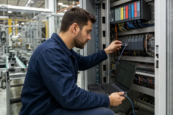 PLC ve otomasyon sistemleri bakım eğitimi sahnesi Teknisyen otomasyon hattında PLC kabinine dizüstü bilgisayar bağlayarak arıza arıyor