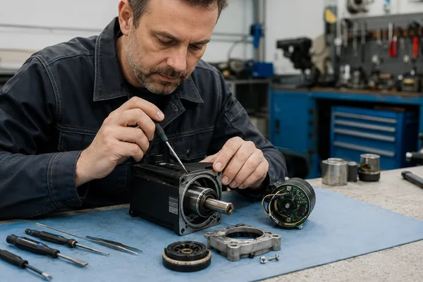 Servo motor bakım onarım eğitimi atölye uygulaması Teknisyen tezgahta sökülmüş servo motorun rotor ve enkoder kısmını onarıyor